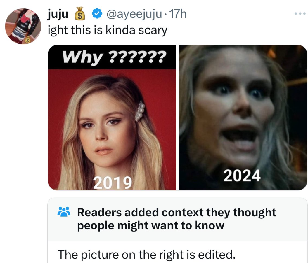 screenshot - juju 17h ight this is kinda scary Why ?????? 2019 2024 Readers added context they thought people might want to know The picture on the right is edited.